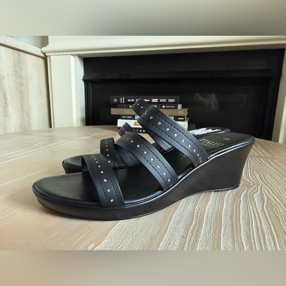 Italian Shoemakers|Black Strappy Wedge Sandals with studding,made in Italy•NWT